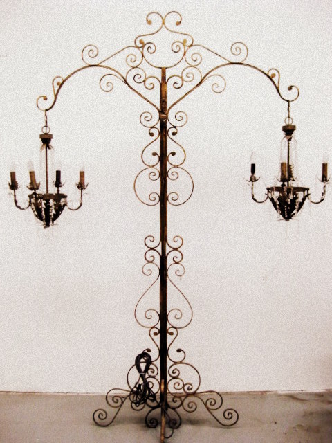 CANDELABRA, Floor Standing Ornate Turned Gold Metal 2.5mH ( CAN USE FAUX CANDLES )